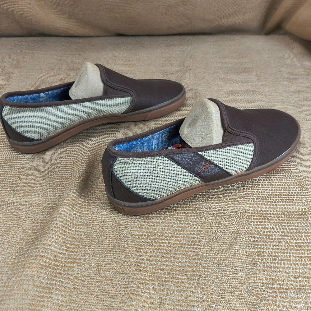 Tommy Bahama Mens Brown PU Leather Textile Slip‎ On Loafers Shoes TB7F00149 10.5